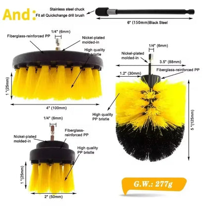 Electric Drill Scrubber Brush Kit – Nylon Brushes for Carpet, Glass, Car Tires (2"/3.5"/4")